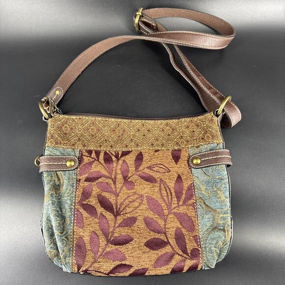 Vintage Fossil Tapestry Brown Purple & Blue Crossbody Purse Bag Leather Trim - Picture 6 of 14